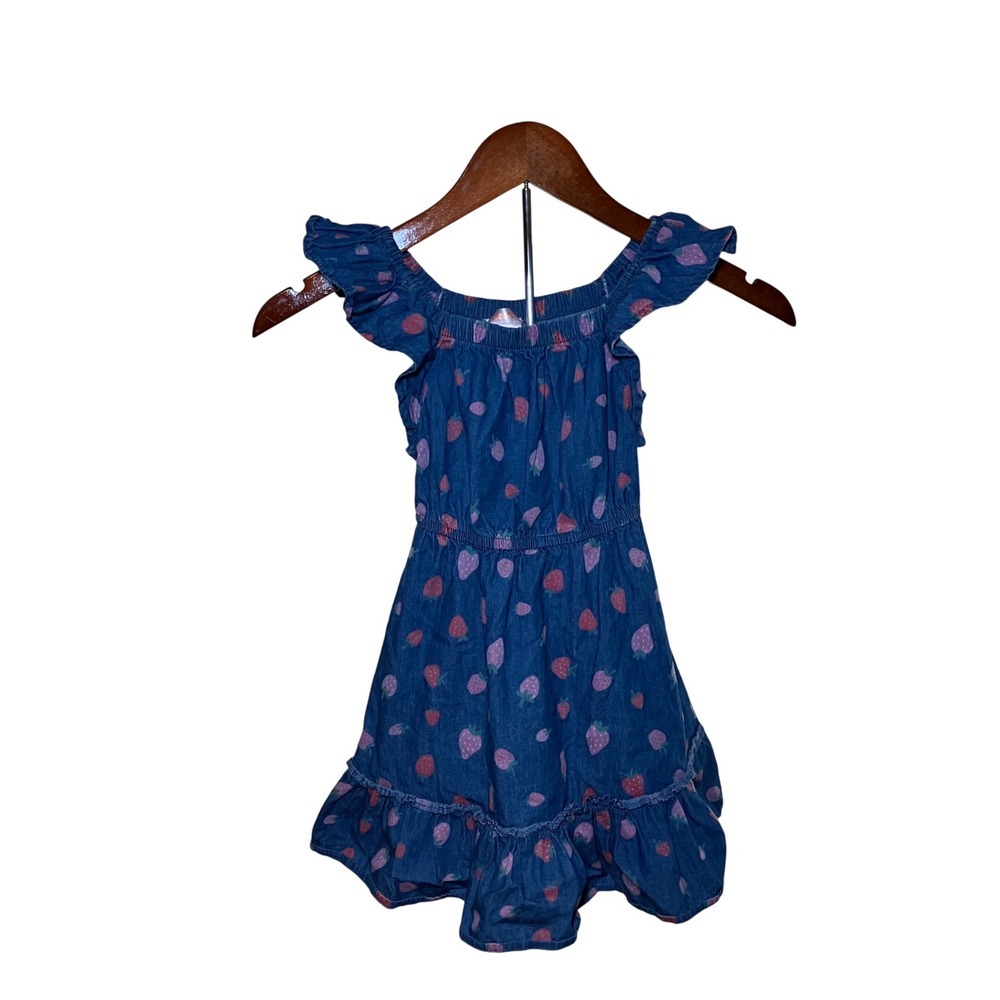 Sweet Story Girls Size 4 Blue Denim Strawberry Print Flutter Sleeve  Dress